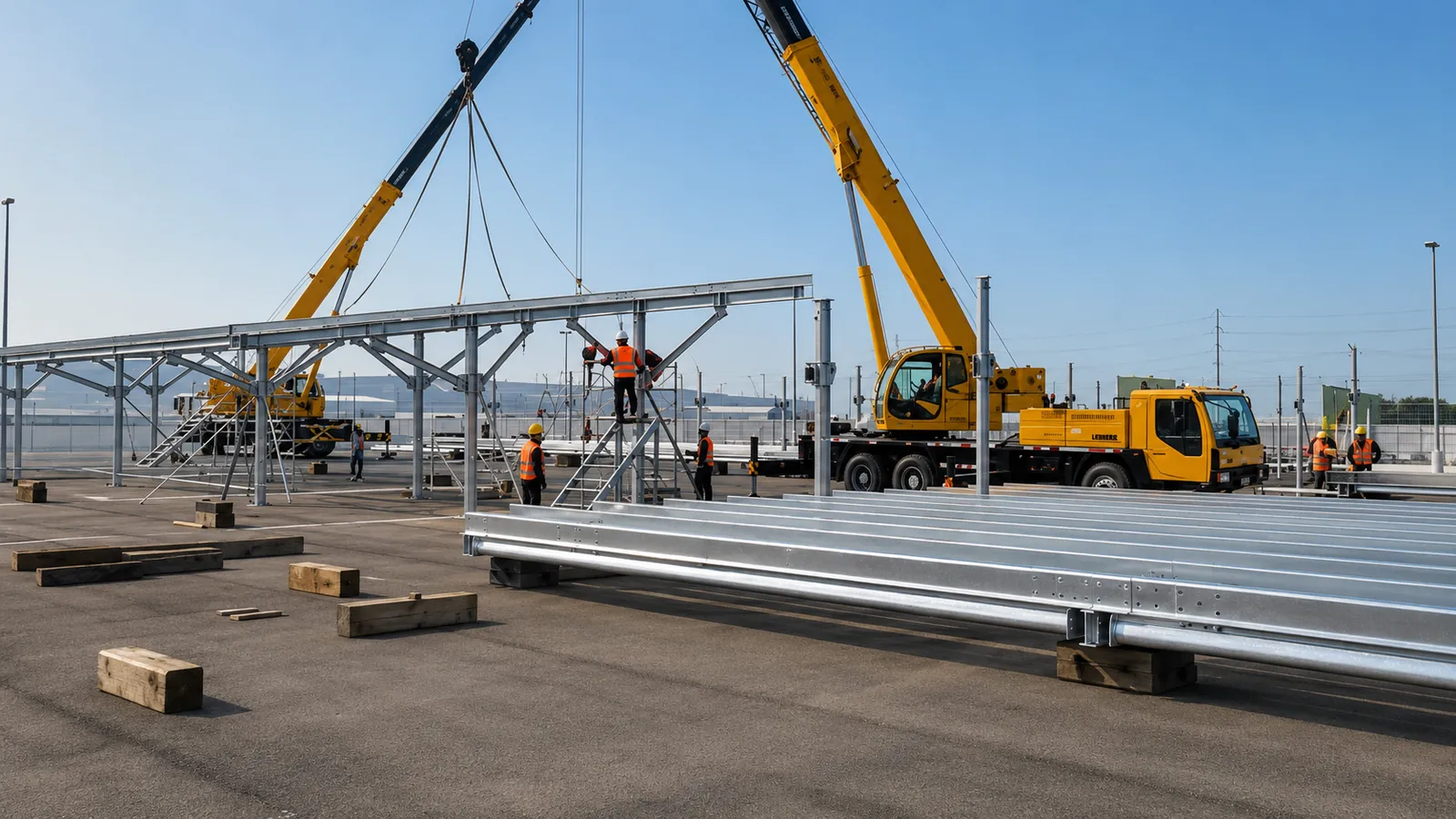 Two truck cranes lifting a carport canopy frame into place
