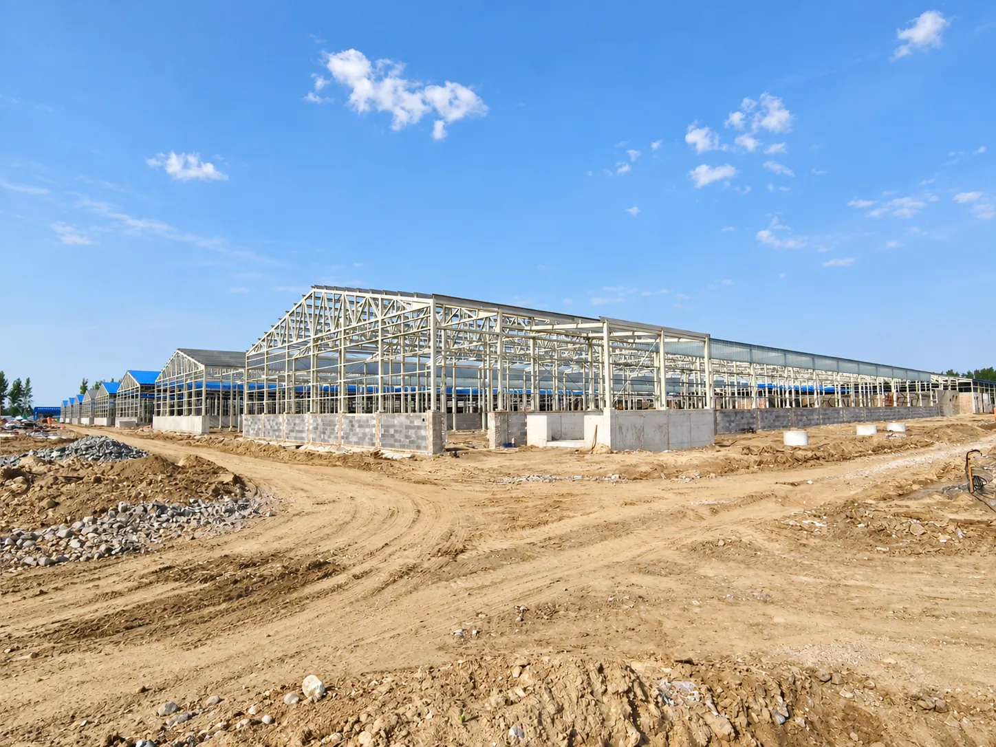 Steel frames going up on the long livestock houses at the Muguang base