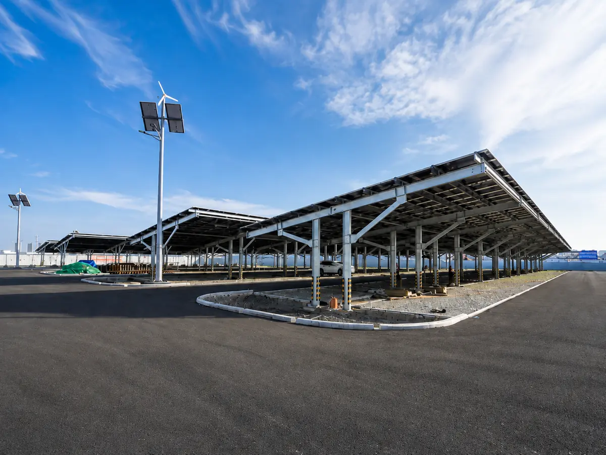 Steel solar carport structure at the BMW plant in Shenyang Dadong