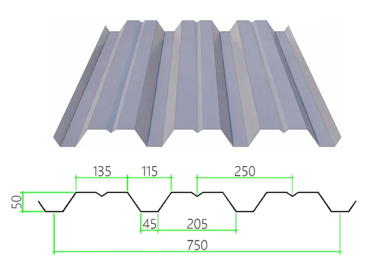DECK-50-250-750 steel floor decking with dimensioned cross-section