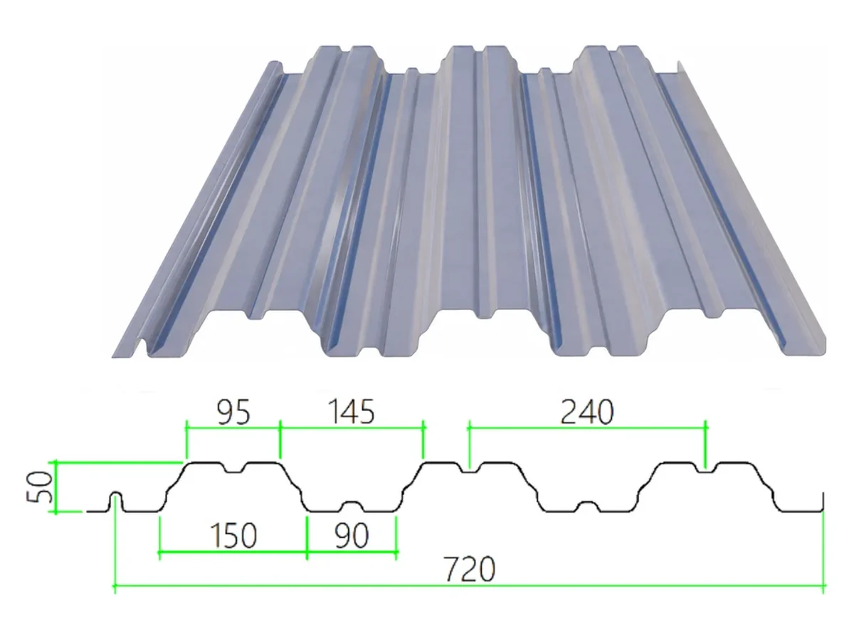 DECK-50-240-720 steel floor decking with dimensioned cross-section