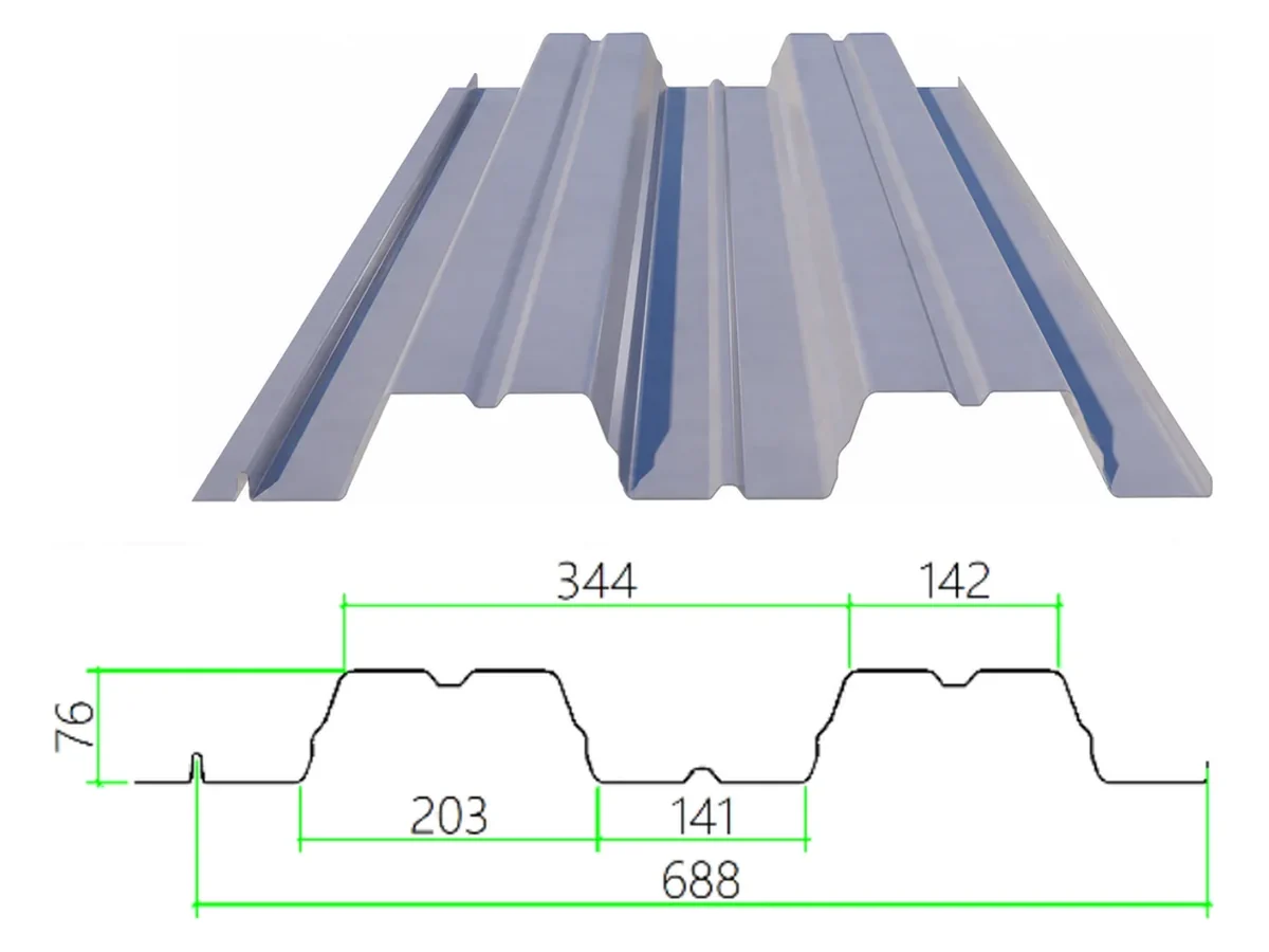 DECK-76-344-688 steel floor decking with dimensioned cross-section