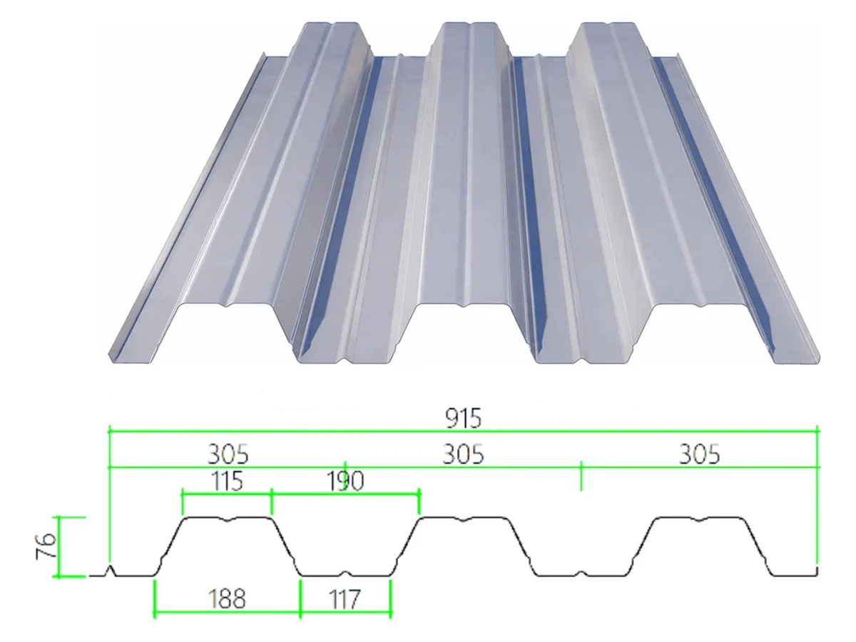 DECK-76-305-915 steel floor decking with dimensioned cross-section