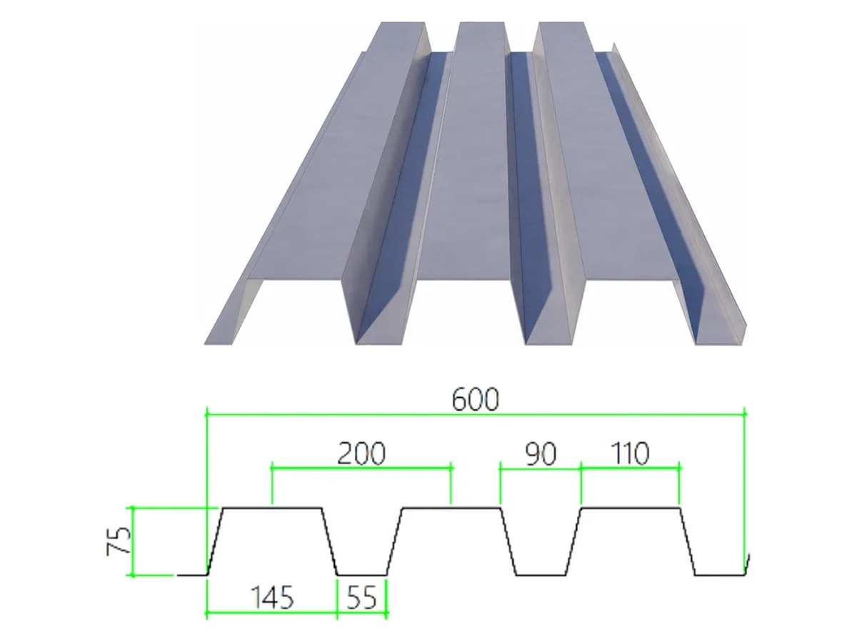 DECK-75-200-600 steel floor decking with dimensioned cross-section
