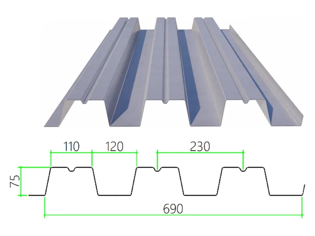 DECK-75-310-690 steel floor decking with dimensioned cross-section