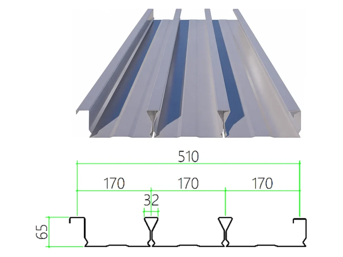 DECK-65-170-510 steel floor decking with dimensioned cross-section