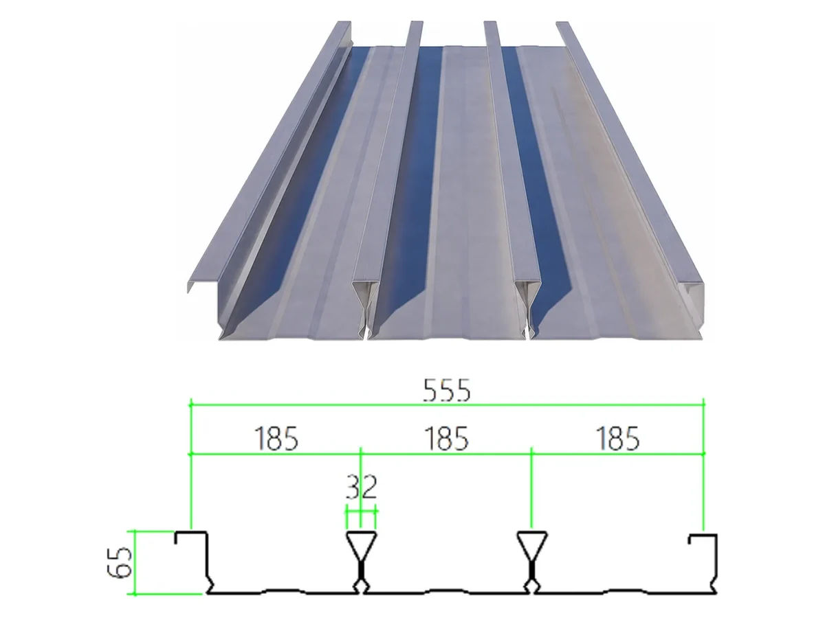 DECK-65-185-555 steel floor decking with dimensioned cross-section