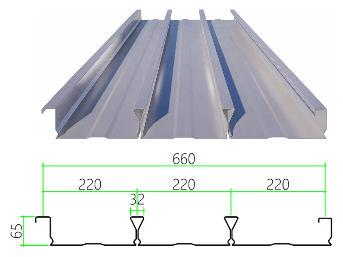 DECK-65-220-660 steel floor decking with dimensioned cross-section