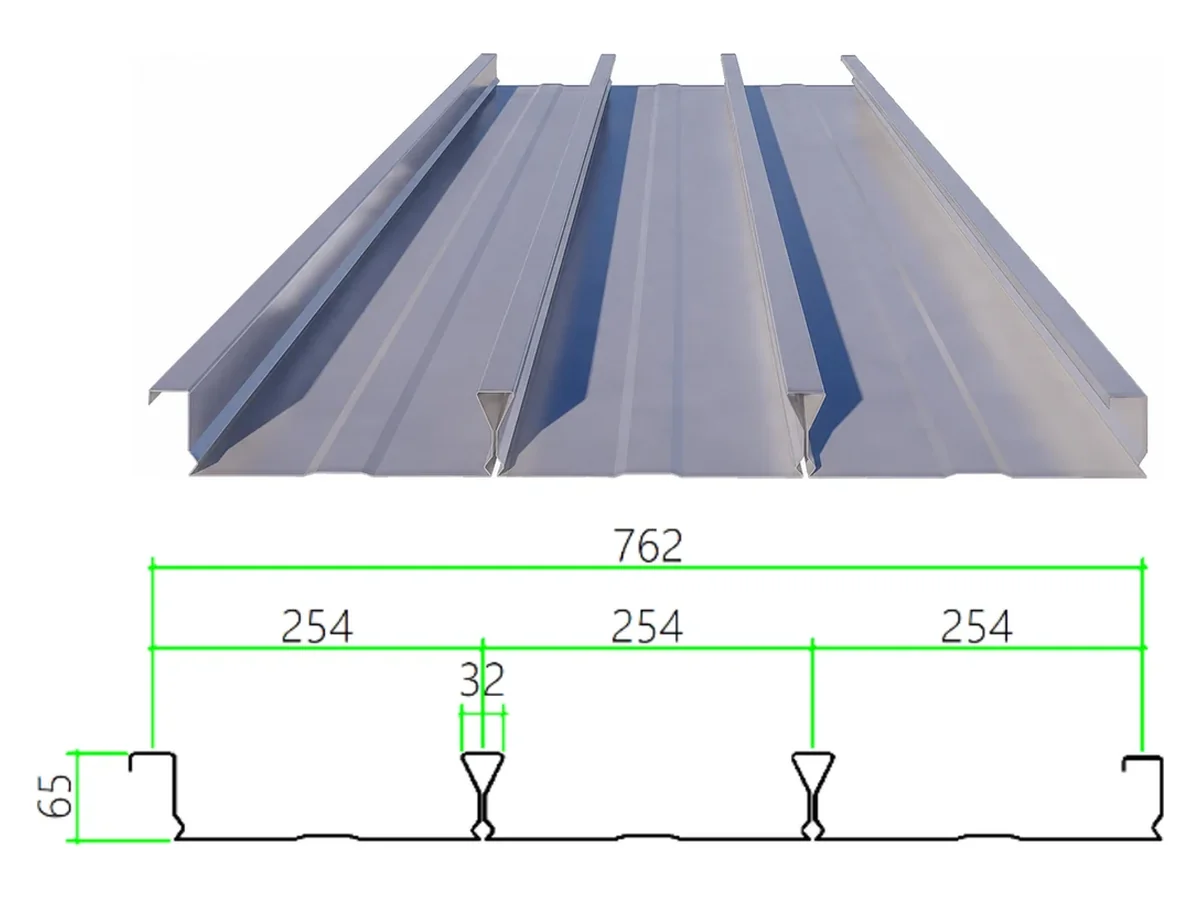DECK-65-254-762 steel floor decking with dimensioned cross-section