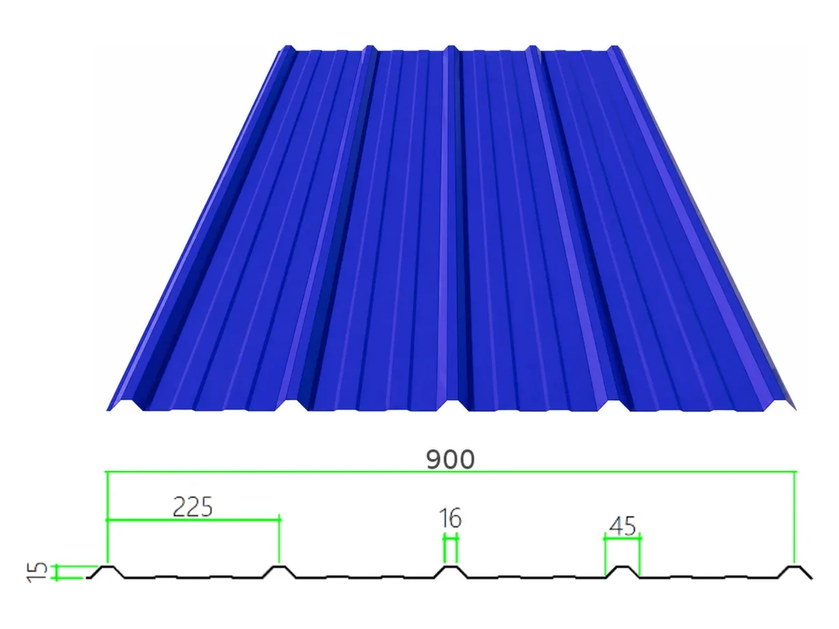 PS-15-225-900 profiled steel sheet with dimensioned cross-section