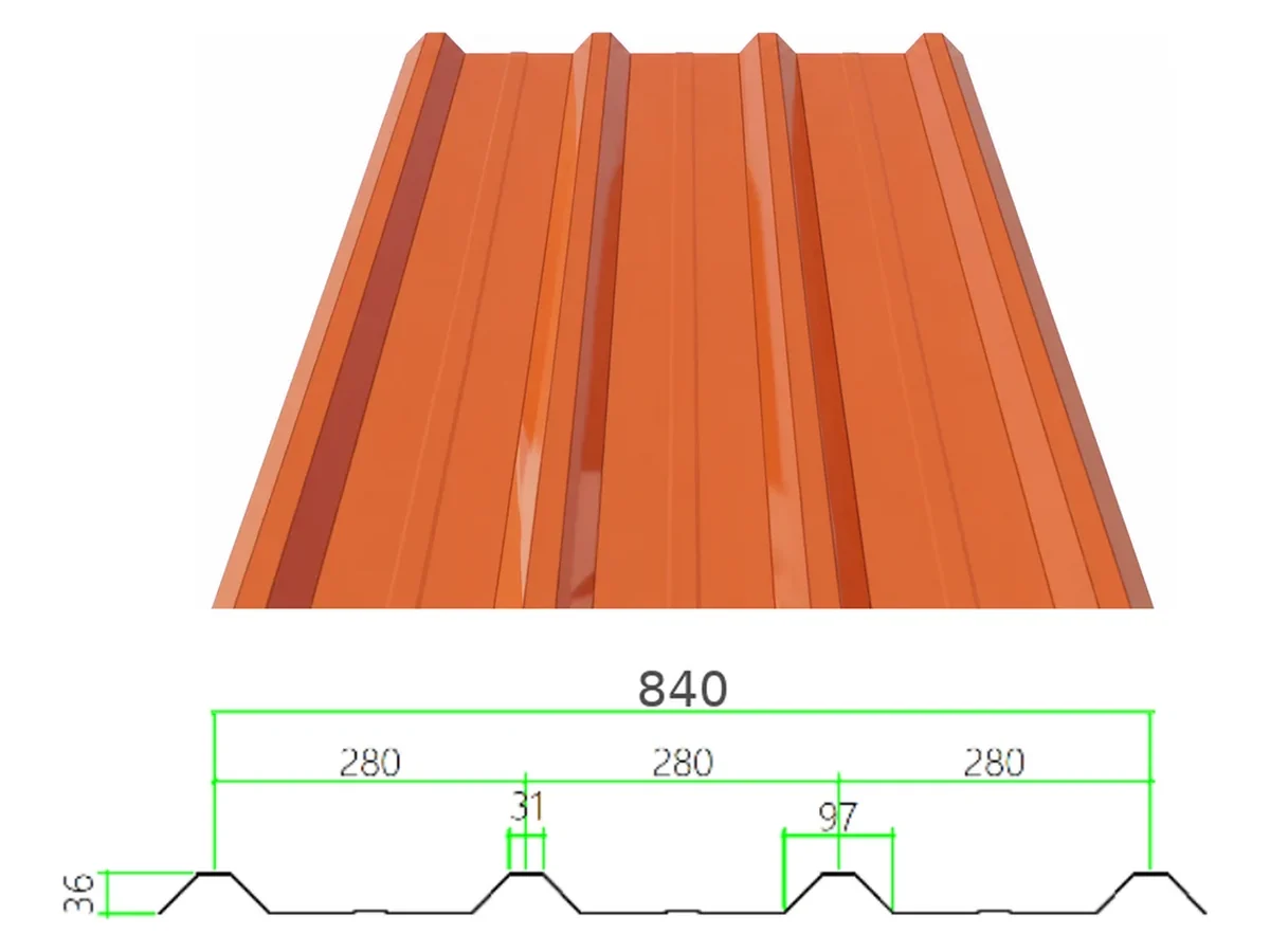 PS-36-280-840 profiled steel sheet with dimensioned cross-section