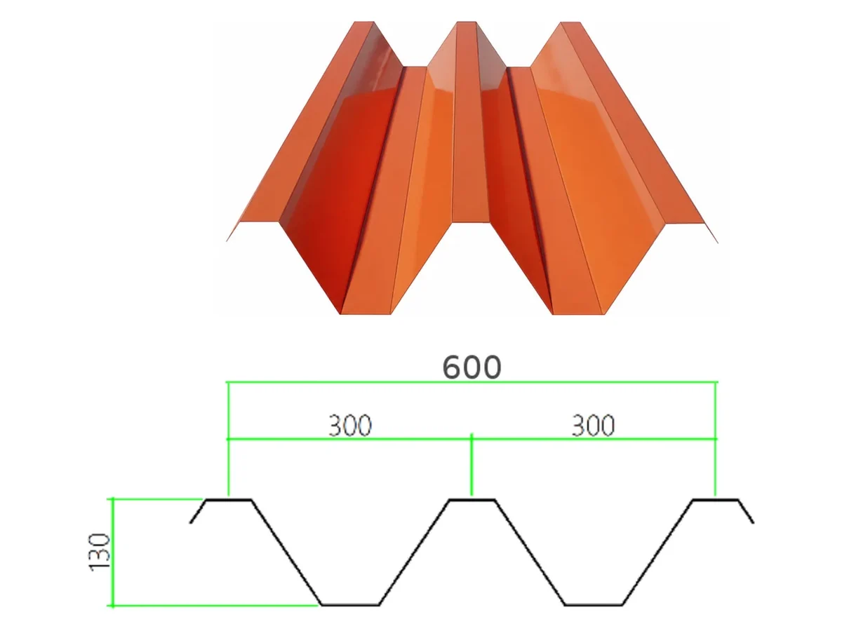 DECK-130-300-600 profiled steel sheet with dimensioned cross-section