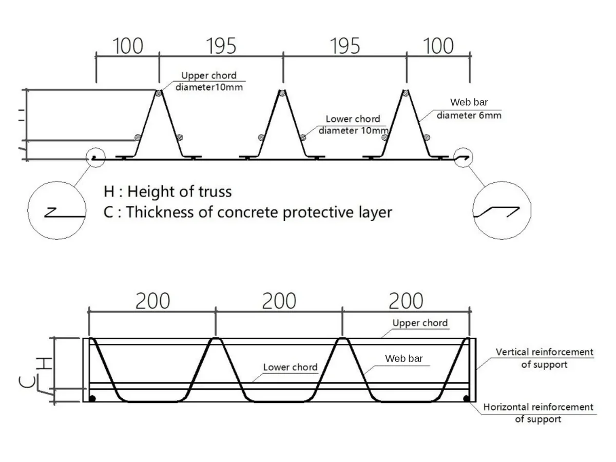Dimensioned cross-section of the steel bar truss deck showing chord bars, web bars and support reinforcement