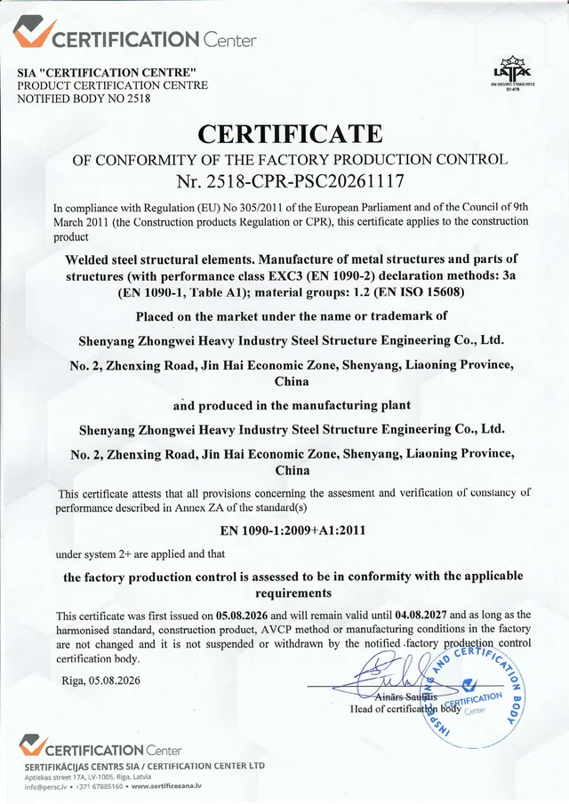 EN 1090-1 certificate for CE marking of steel structural components